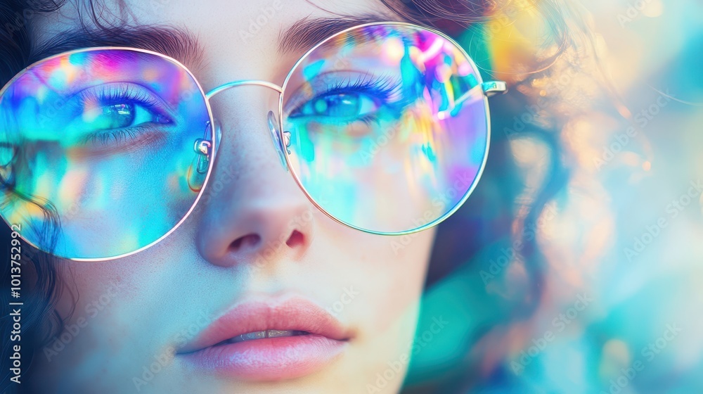 Woman with curly hair and glasses gazing thoughtfully, surrounded by cool blue tones. Woman with curly hair and glasses gazing thoughtfully, surrounded by cool blue tones.