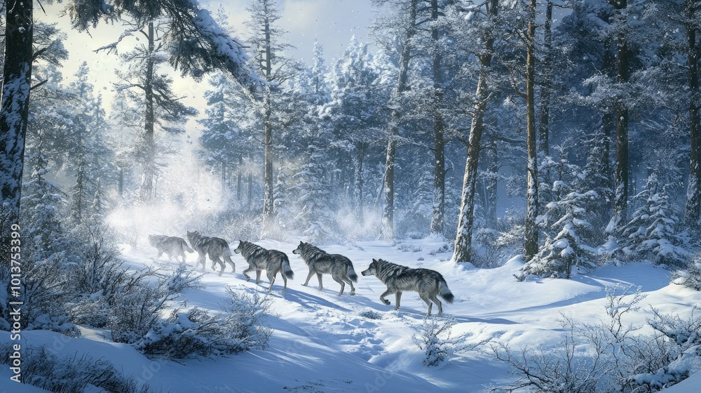 A pack of Eurasian wolves moving through a snowy forest, their breath visible in the cold air. The snow-covered trees create a dramatic, winter wilderness scene. A pack of Eurasian wolves moving through a snowy forest, their breath visible in the cold air. The snow-covered trees create a dramatic, winter wilderness scene.