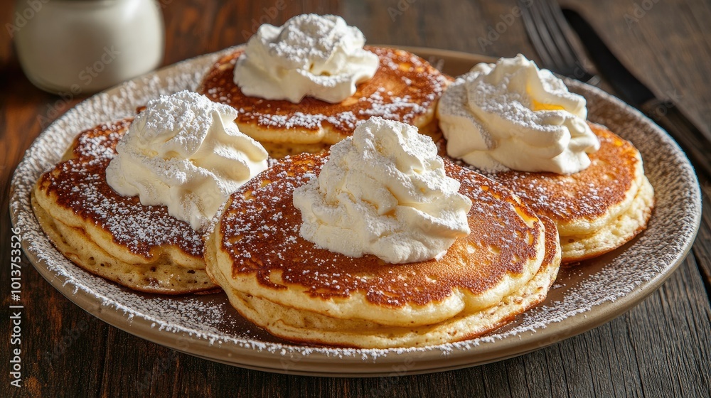 A plate of perfectly round buttermilk pancakes, topped with whipped cream and a sprinkling of powdered sugar, sitting on a rustic wooden table. A plate of perfectly round buttermilk pancakes, topped with whipped cream and a sprinkling of powdered sugar, sitting on a rustic wooden table.