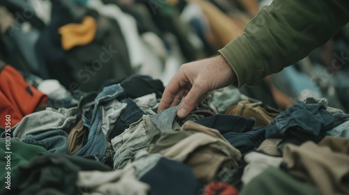 Closeup of a hand sifting through a pile of discarded clothing
