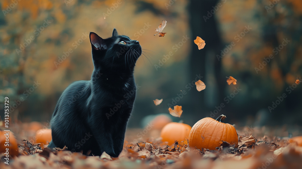 Playful black cat in an autumn field with scattered pumpkins and dry leaves, soft Halloween theme