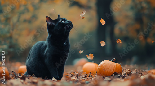 Obraz na płótnie Playful black cat in an autumn field with scattered pumpkins and dry leaves, soft Halloween theme w salonie