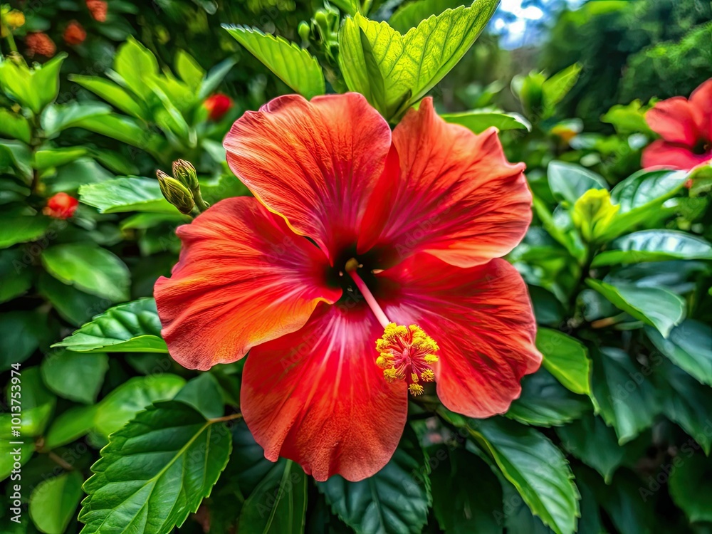 In a serene natural environment, a brilliant red hibiscus flower blooms, its vivid petals contrasted beautifully by rich green leaves surrounding it. In a serene natural environment, a brilliant red hibiscus flower blooms, its vivid petals contrasted beautifully by rich green leaves surrounding it.