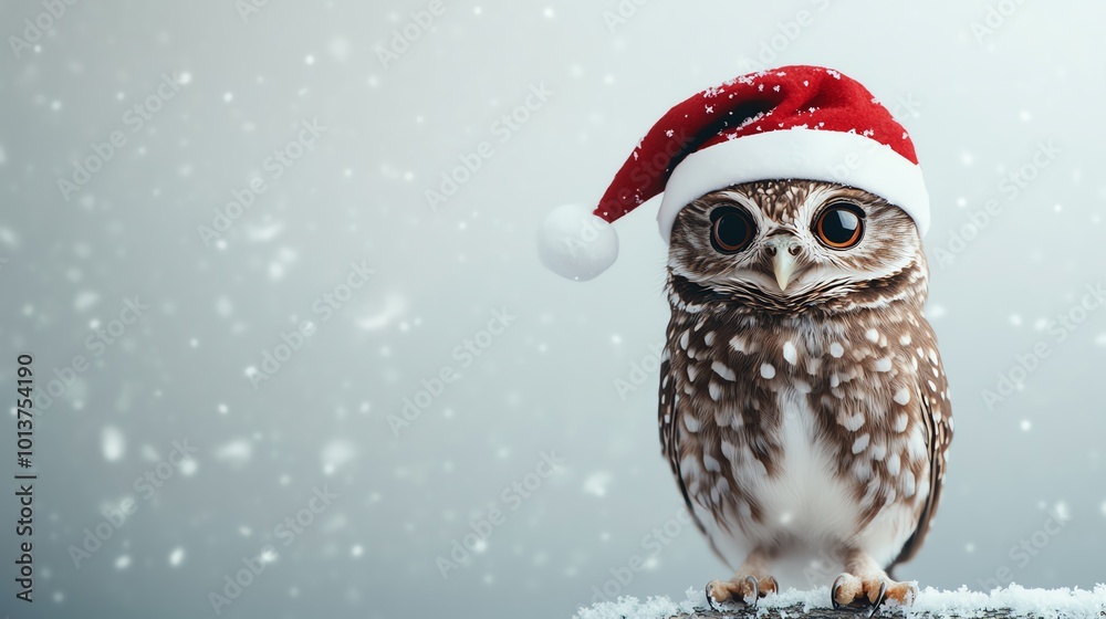 Owl with Santa hat, perched on snowy tree branch, 3D illustration Owl with Santa hat, perched on snowy tree branch, 3D illustration