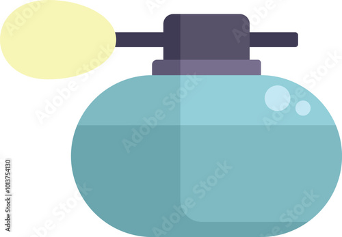 Minimalist illustration of a blue glass perfume bottle spraying scent, evoking a sense of fragrance and luxury