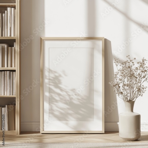 A sun-drenched study featuring light wood elements, a large framed piece, and elegant simplicity with natural decor.