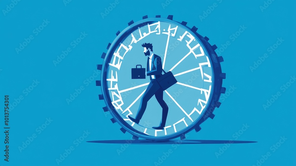 A worker holding a briefcase, moving on a hamster wheel, signifying the relentless cycle of work and exhaustion. A worker holding a briefcase, moving on a hamster wheel, signifying the relentless cycle of work and exhaustion.