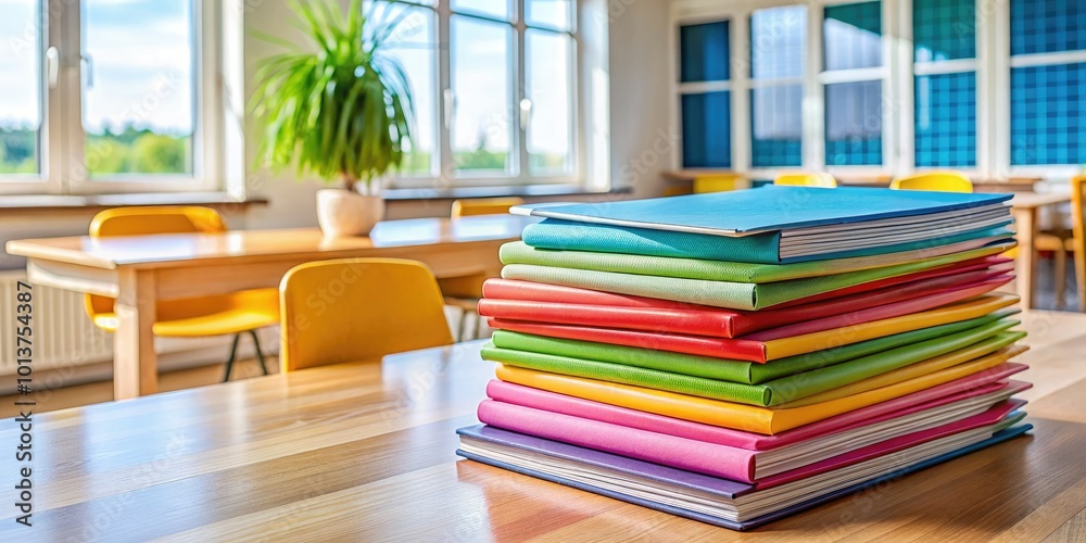In a sunlit classroom, a colorful stack of exercise books rests on a wooden desk, bringing energy and creativity to the learning environment. In a sunlit classroom, a colorful stack of exercise books rests on a wooden desk, bringing energy and creativity to the learning environment.