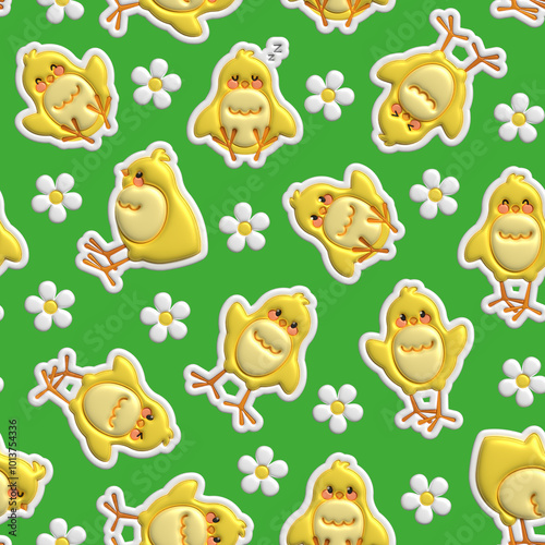 Cute little Easter chicks. Inflated Puffy pattern. Seamless Tileable Pattern. Endless texture for wallpaper, packaging, wrapping paper and etc.