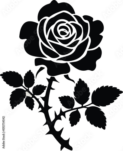 A black and white silhouette of a rose with a round center 