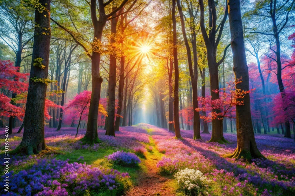 Fototapeta premium In a tranquil, enchanted forest, soft sunlight spills through treetops, revealing vibrant blossoms and casting a magical glow that invites peaceful wandering and contemplation.