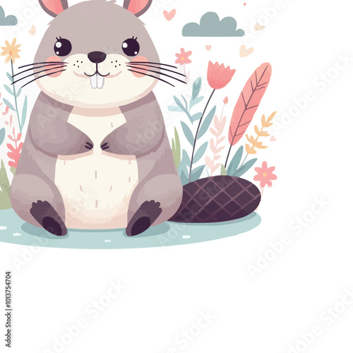 Vector Cute Beaver and Hare in Spring Animals Theme on White Background