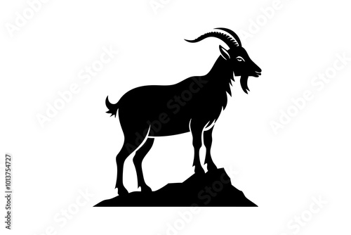 Mountain Goat Sturdy with Curved Horns and Standing Silhouette Vector Illustration