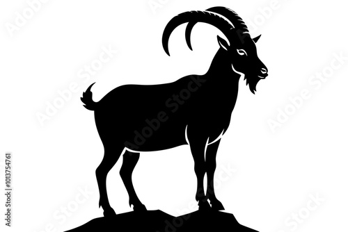 Mountain Goat Sturdy with Curved Horns and Standing Silhouette Vector Illustration