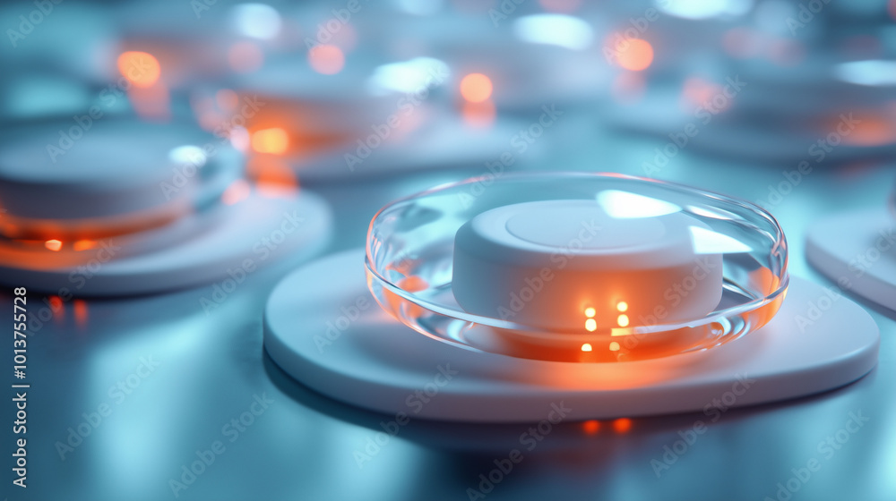 Hormone-regulating medical devices on elderly skin, with sleek 3D minimalist elements, well-lit, clinical setting