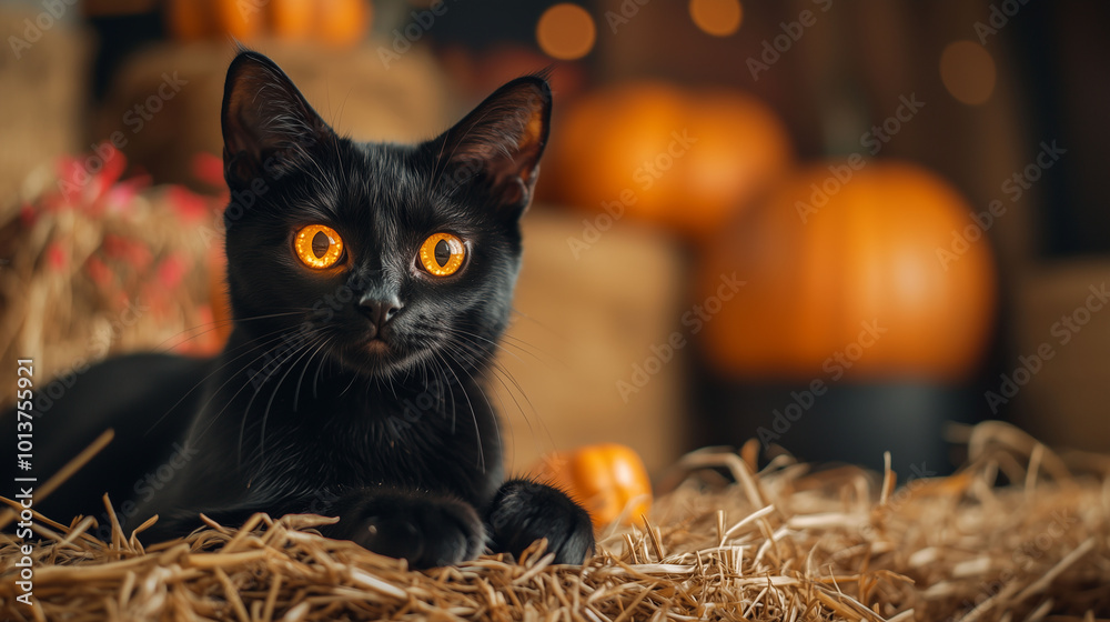 Close-up of a black cat with glowing eyes, pumpkins and haystacks in the background, warm autumn colors, Halloween atmosphere