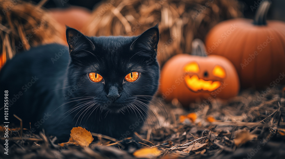 Close-up of a black cat with glowing eyes, pumpkins and haystacks in the background, warm autumn colors, Halloween atmosphere