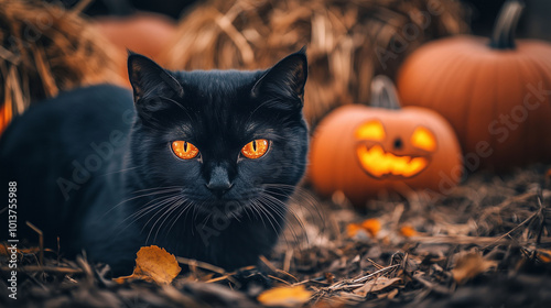Obraz na płótnie Close-up of a black cat with glowing eyes, pumpkins and haystacks in the background, warm autumn colors, Halloween atmosphere w salonie