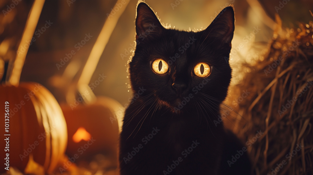Close-up of a black cat with glowing eyes, pumpkins and haystacks in the background, warm autumn colors, Halloween atmosphere