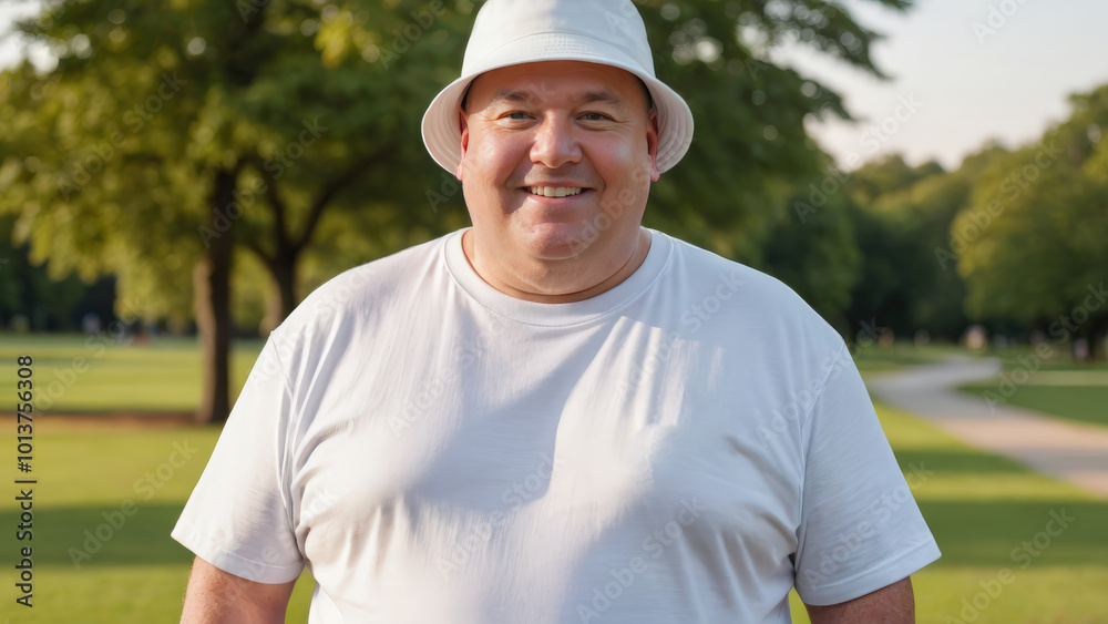 Plus size man wearing white t-shirt and white bucket hat standing in the park