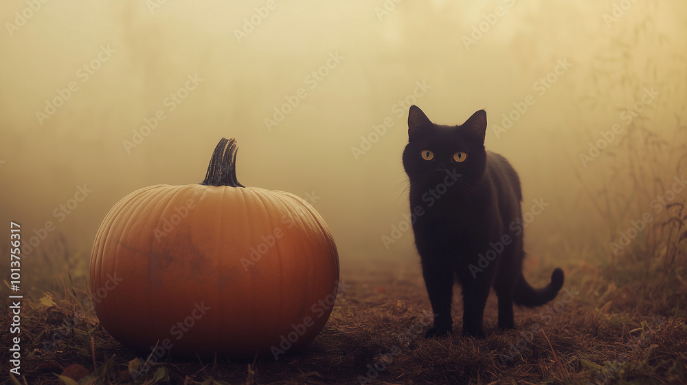 Black cat standing beside a large pumpkin on a foggy evening, soft autumn light, eerie Halloween ambiance