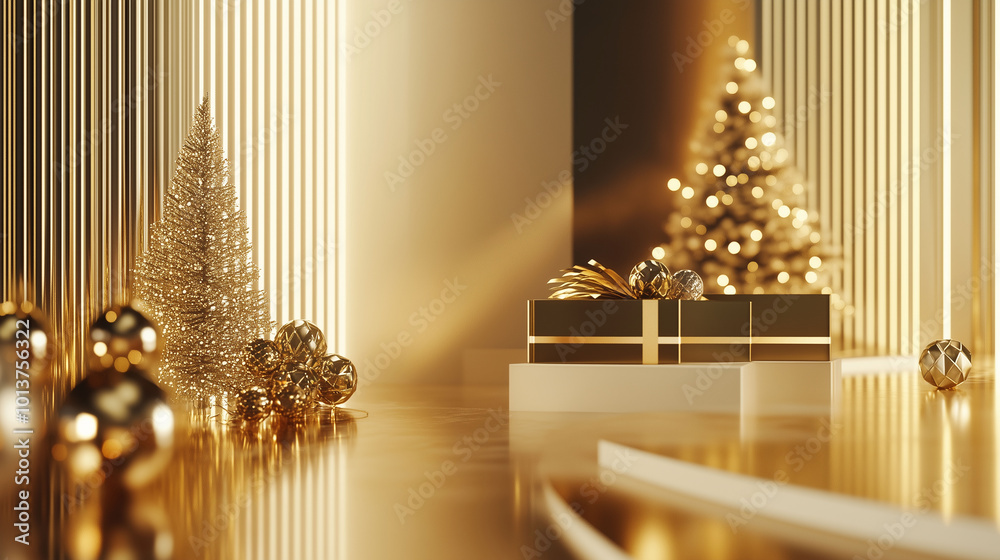 Chic New Year aesthetic, minimalist lines and abstract geometric design, glowing gold accents