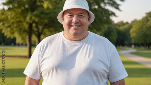 Plus size man wearing white t-shirt and white bucket hat standing in the park