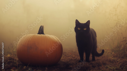 Obraz na płótnie Black cat standing beside a large pumpkin on a foggy evening, soft autumn light, eerie Halloween ambiance w salonie
