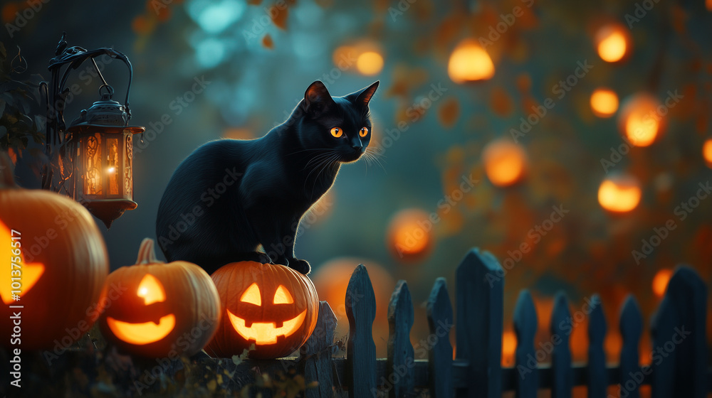 Black cat perched on a fence, surrounded by glowing pumpkins and lanterns in an autumn landscape, Halloween night scene