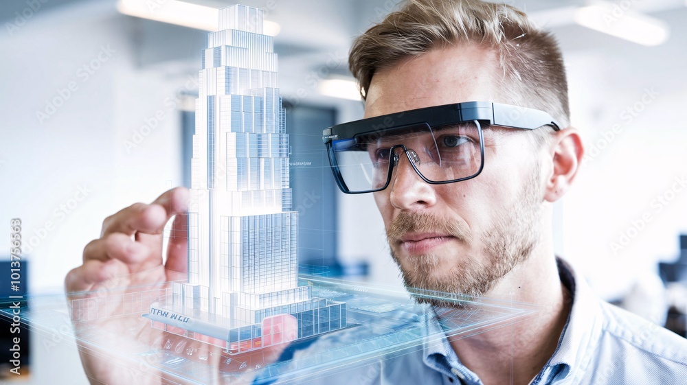 A close-up of an architect wearing augmented reality (AR) glasses, examining a holographic 3D model of a skyscraper on a virtual interface. A close-up of an architect wearing augmented reality (AR) glasses, examining a holographic 3D model of a skyscraper on a virtual interface.