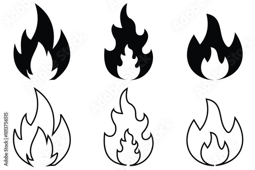 Fire flames set, icon collection. Fire flame symbol. Bonfire silhouette,  vector, line art icon, logo design on white background. Campfire symbol. Fire icon, silhouette. Bonfire vector illustration.