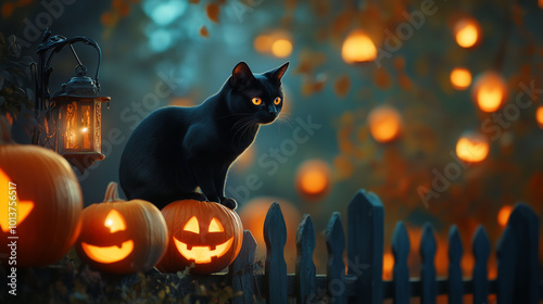 Obraz na płótnie Black cat perched on a fence, surrounded by glowing pumpkins and lanterns in an autumn landscape, Halloween night scene w salonie