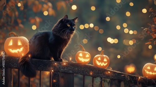 Obraz na płótnie Black cat perched on a fence, surrounded by glowing pumpkins and lanterns in an autumn landscape, Halloween night scene w salonie