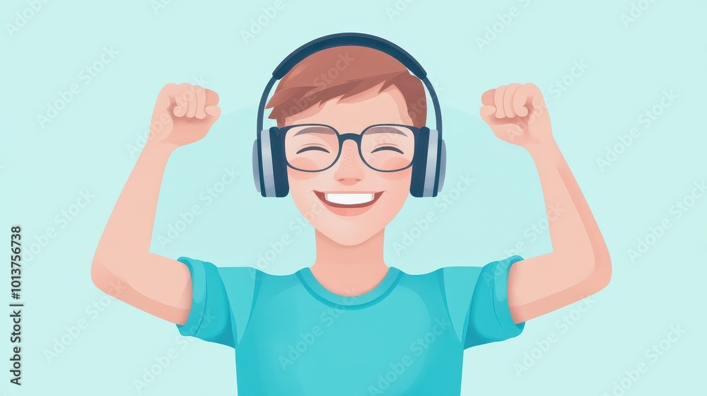 A boy wearing glasses and headphones is smiling and raising his arms A boy wearing glasses and headphones is smiling and raising his arms
