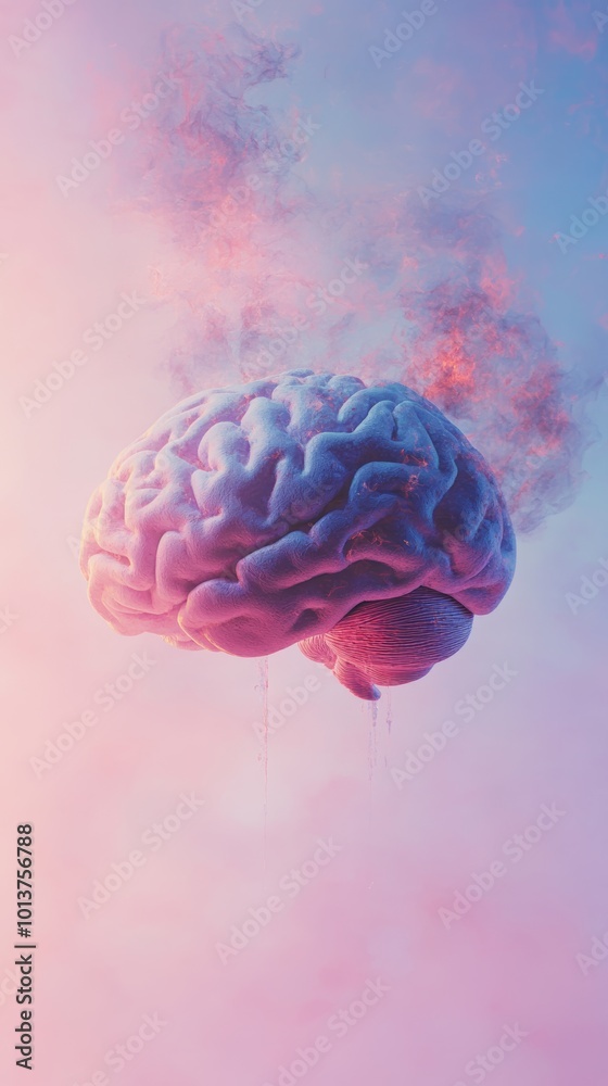 floating brain surrounded by mist in pink and blue hues, conceptual art floating brain surrounded by mist in pink and blue hues, conceptual art