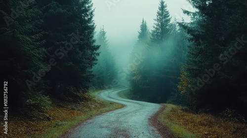 A winding road meanders through a misty forest, surrounded by tall trees and soft fog, creating a serene atmosphere, This image is ideal for nature blogs, travel brochures, or calming backgrounds,