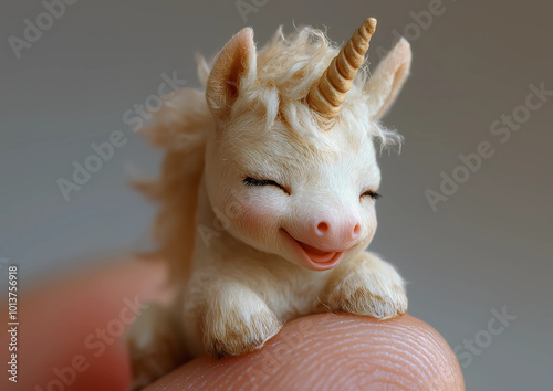 A very cute miniature unicorn, smiling and winking, sitting on the tip of someone's finger