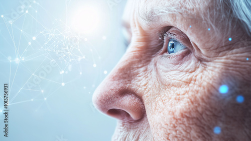 Obraz na płótnie Advanced medical tech for hormonal health, on elderly skin, showcasing 3D iconography and sleek design, clinical aesthetic, well-lit background w salonie