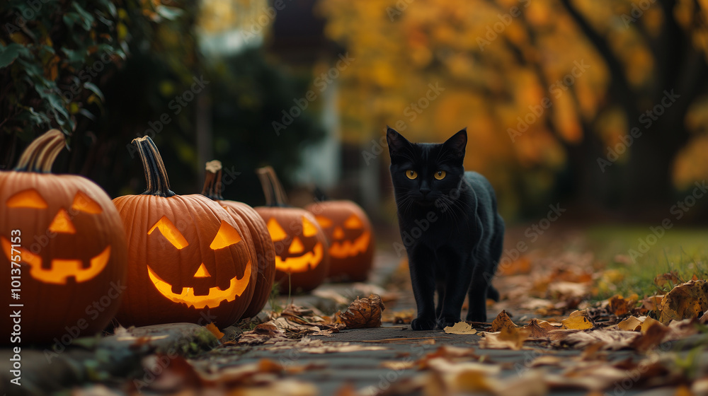 A row of carved pumpkins with a black cat prowling in the background, surrounded by fall foliage, Halloween feel