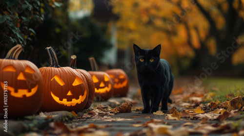 Obraz na płótnie A row of carved pumpkins with a black cat prowling in the background, surrounded by fall foliage, Halloween feel w salonie