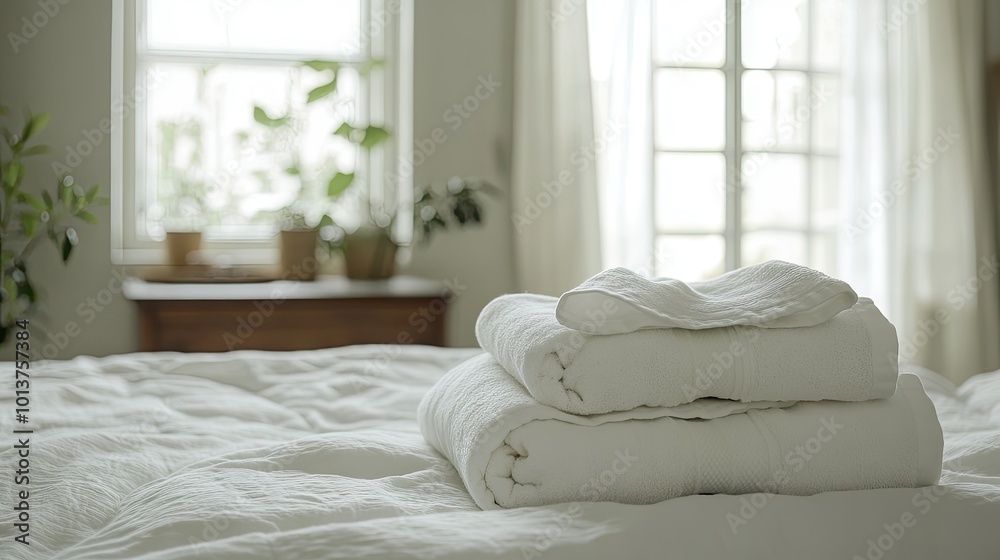Freshly folded white towels on a bed with crisp white linens, set against the backdrop of a serene, Scandinavian-style bedroom. Freshly folded white towels on a bed with crisp white linens, set against the backdrop of a serene, Scandinavian-style bedroom.