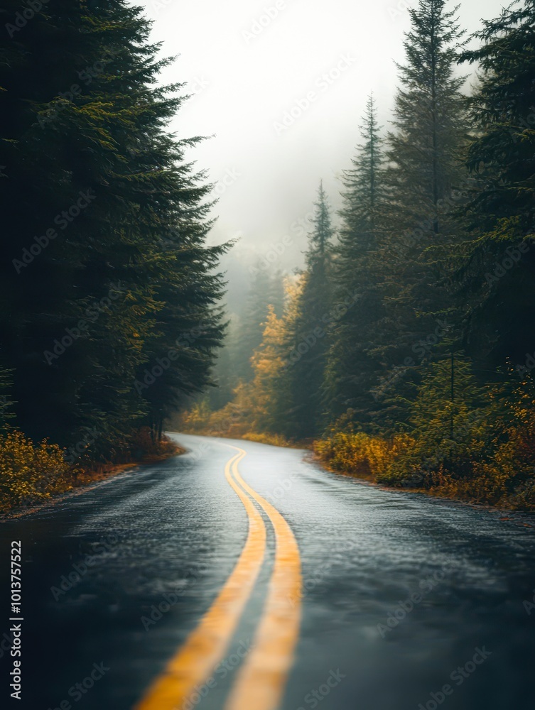 Obraz premium A winding, wet road surrounded by towering green trees and mist creates a serene atmosphere, ideal for travel blogs, nature-themed projects, or relaxation content, Capture the beauty of tranquility,