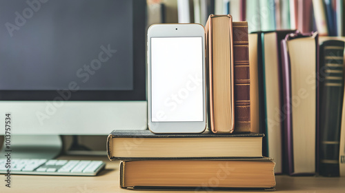 A mobile phone propped up against a stack of books on a home office desk, its white screen reflecting light from a nearby computer monitor, creating a tech-savvy, focused atmosphere