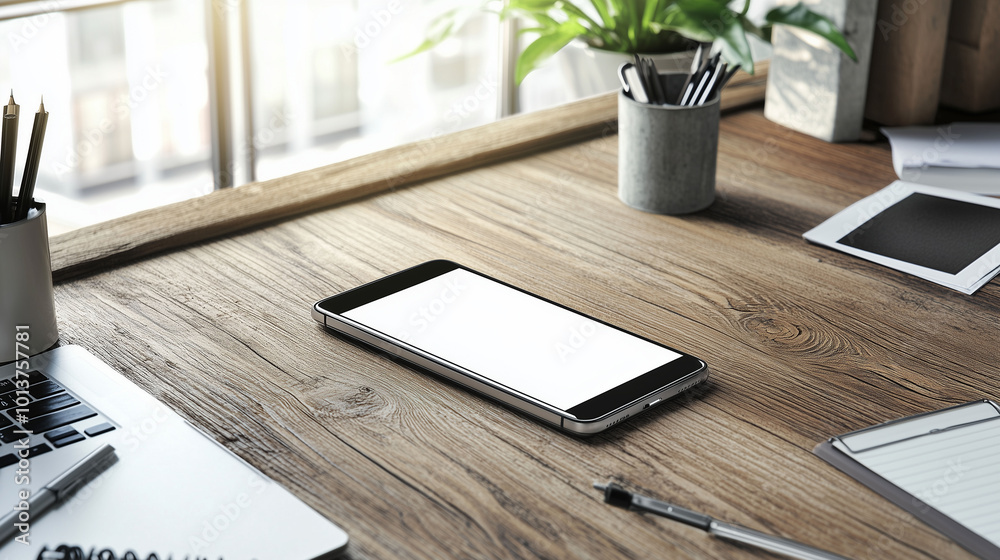 A mobile phone placed on a wooden office desk, surrounded by office supplies, The scene is bright with natural lighting coming from a nearby window.
