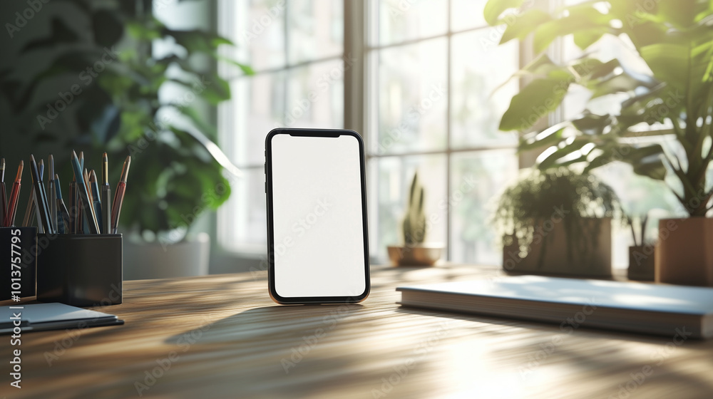 A mobile phone placed on a wooden office desk, surrounded by office supplies, The scene is bright with natural lighting coming from a nearby window.