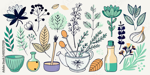 A collection of botanical line art elements featuring various herbs and medicinal plants.

