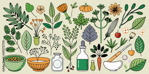 A collection of botanical line art elements featuring various herbs and medicinal plants.

