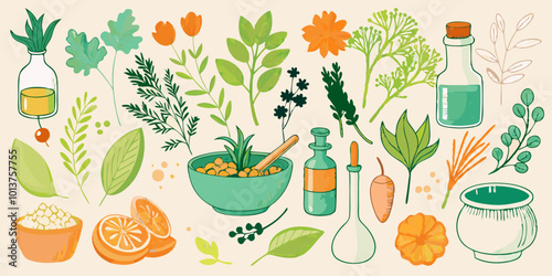A collection of botanical line art elements featuring various herbs and medicinal plants.

