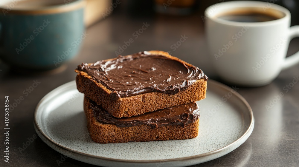 Two slices of bread generously spread with rich chocolate paste, stacked on a plate with a cup of coffee in a cozy morning kitchen setting. Two slices of bread generously spread with rich chocolate paste, stacked on a plate with a cup of coffee in a cozy morning kitchen setting.