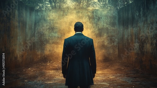 A man in a suit stands in a dark room with a foggy atmosphere